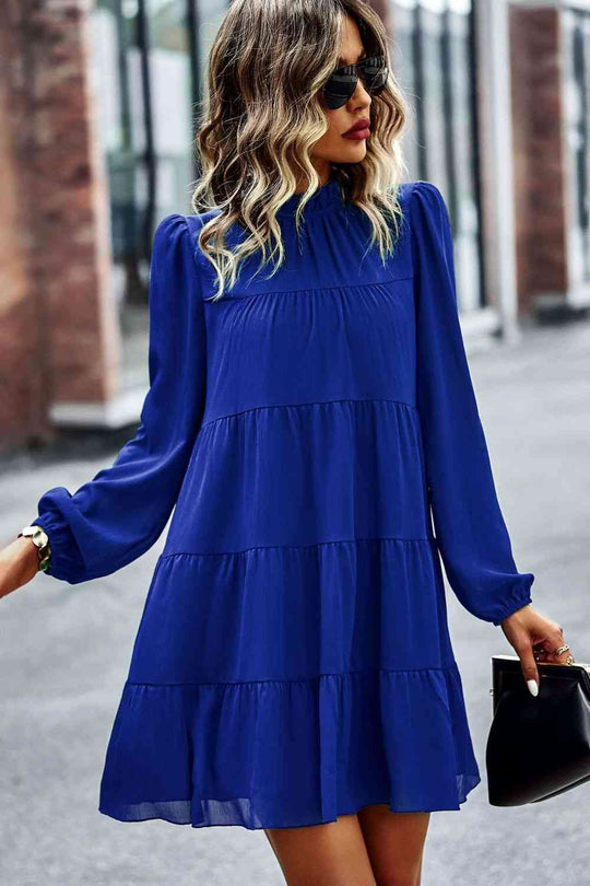 Heidi-Mode | Gebunden Rüschkragen Puffärmel Mini Kleid