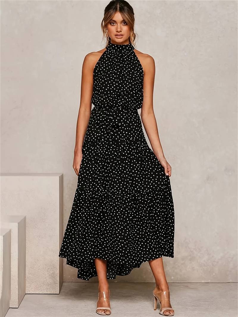 Juwelenausschnitt Polka Dot Ärmelloses Kleid