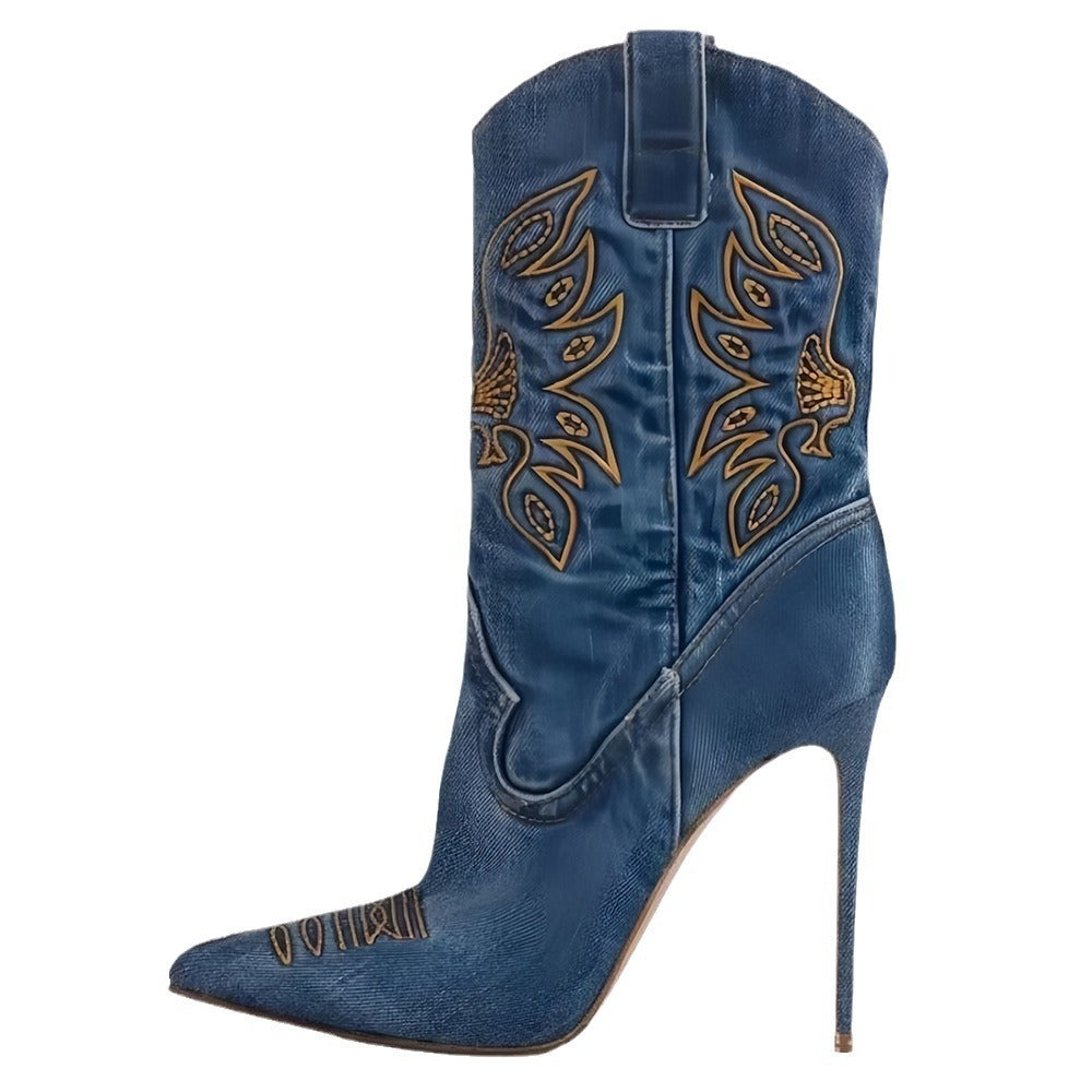 Heidi-Mode | Damenmode Western Denim Stil High Heels Stiefel