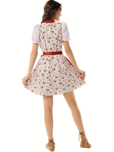 Heidi-Mode - Stilvolle Herbst Rote Dirndl mit Blumenmuster und Schürze für Frauen