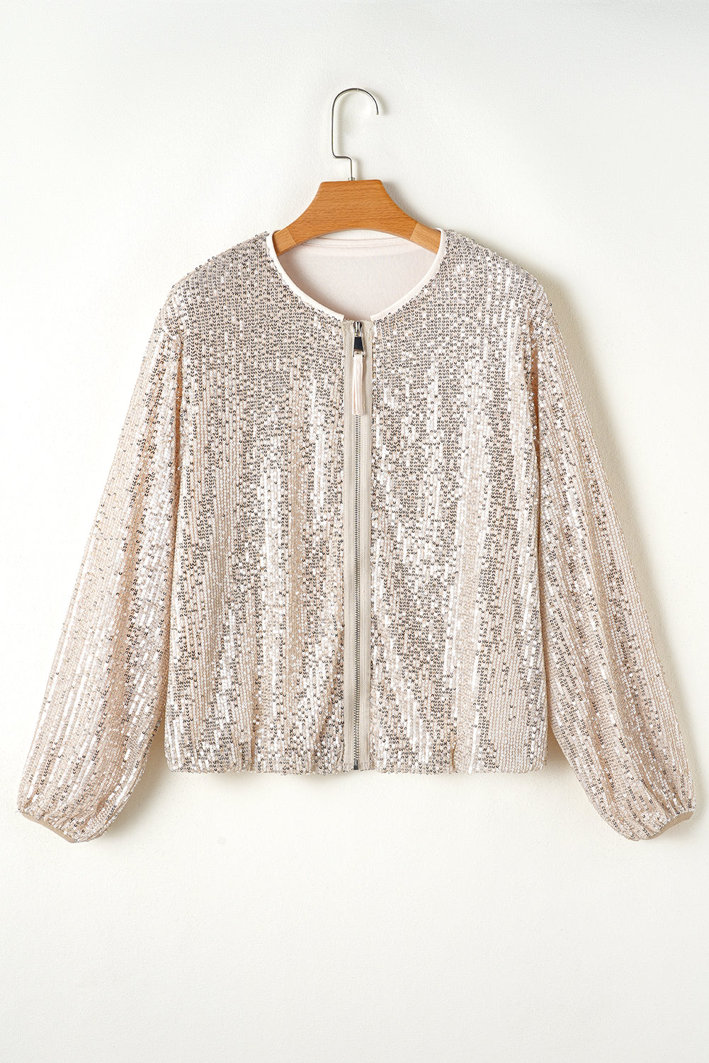 Pailletten Zip Up Rundhalsausschnitt Langarm Jacke