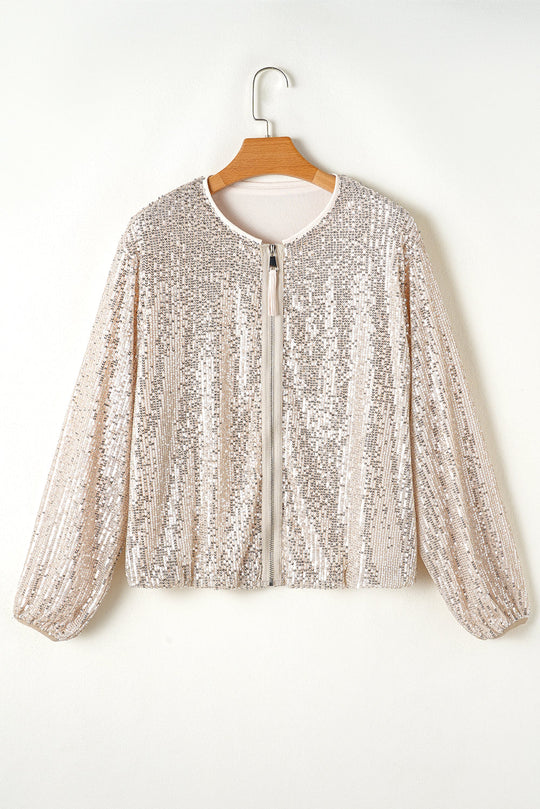 Pailletten Zip Up Rundhalsausschnitt Langarm Jacke