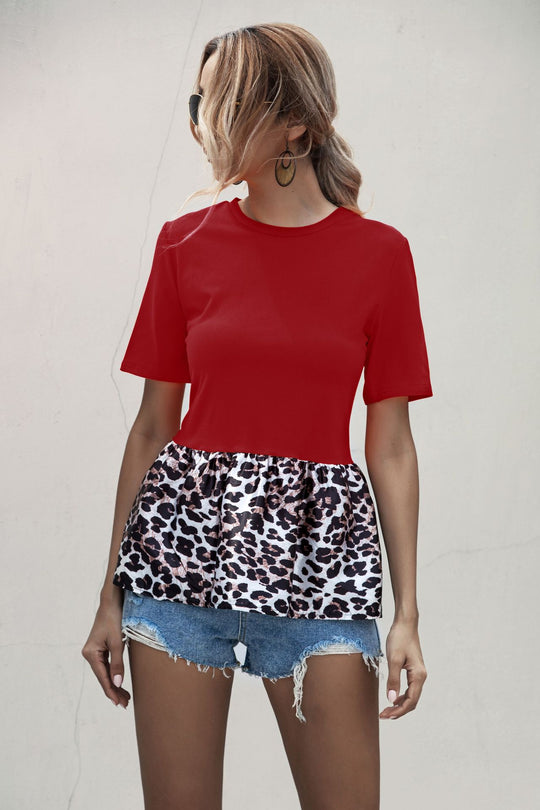 Damen T-Shirt mit peplum und modischem Leopardenmuster Heidi-Mode