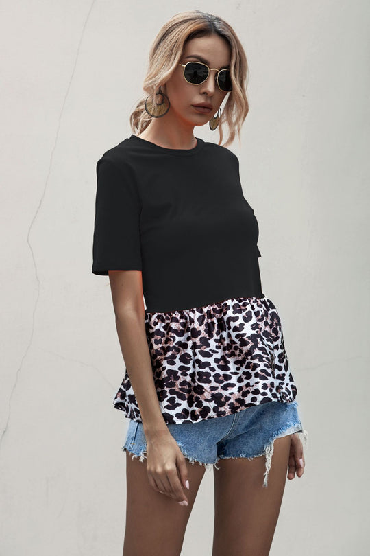 Damen T-Shirt mit peplum und modischem Leopardenmuster Heidi-Mode