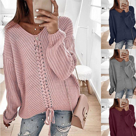 Damen lässiger Strickpullover mit modischem Schnürdetail Heidi-Mode