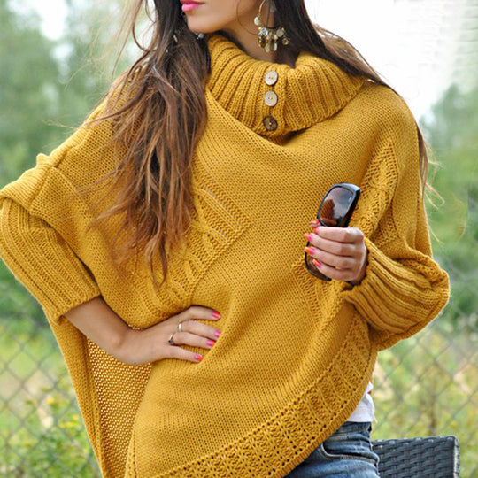 Damen modischer Strickpullover mit hohem Kragen und dekorativen Knöpfen Heidi-Mode
