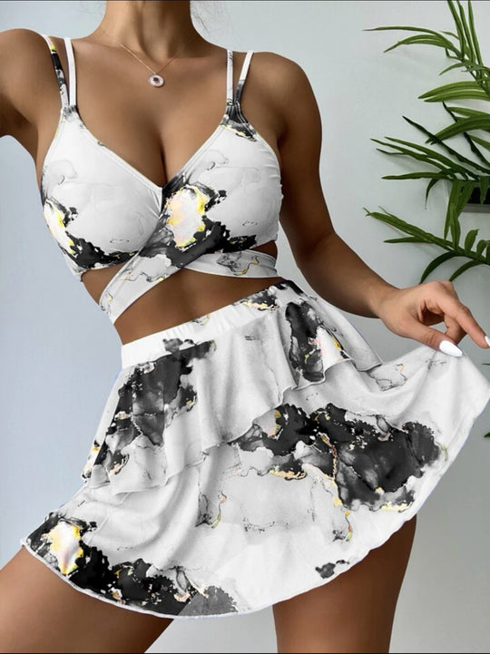 Heidi Mode | Dreiteiliges Bikini-Set mit Marmordruck