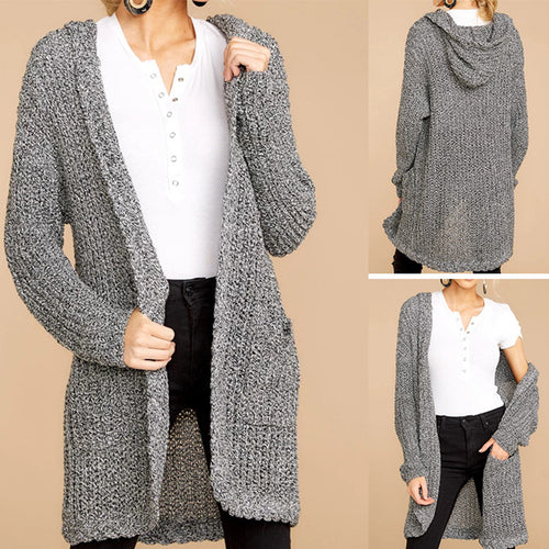 Damen kuschelige Strickjacke mit offener Front und Kapuze Heidi-Mode
