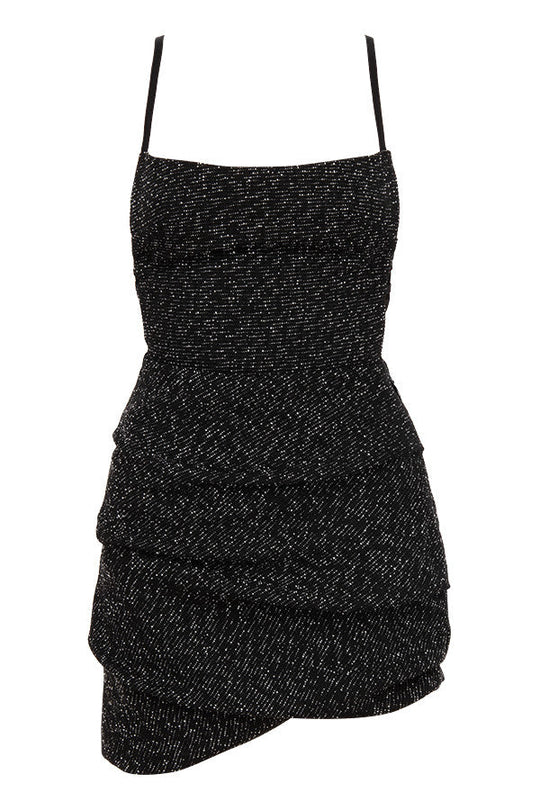 Heidi-Mode | Schwarzes Bouclé Drapiertes Mini Kleid