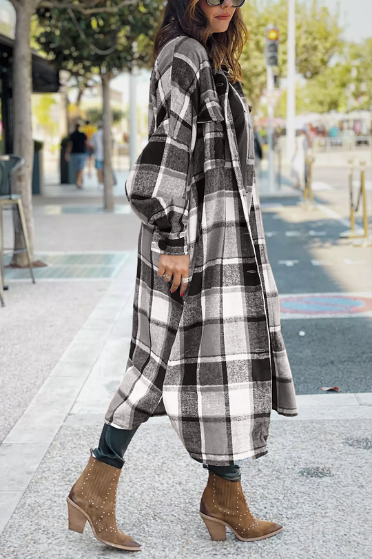 Heidi-Mode | Klappkragen Karoprint Wolle Lange Jacke
