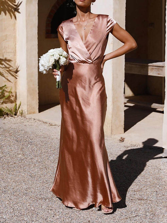 Heidi-Mode | Satin-Fishtail-Maxikleid mit V-Ausschnitt für Damen