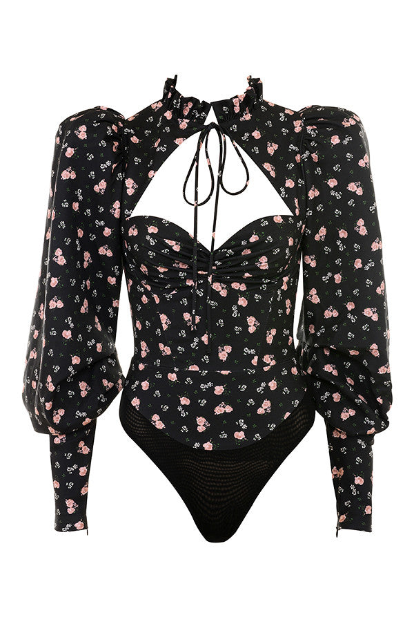 Heidi-Mode | Schwarzer Korsett Body mit Hohem Hals und Blumenmuster