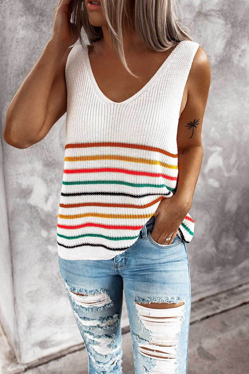 Heidi-Mode | Fashion Casual Gestreifte Patchwork V-Ausschnitt Tops- 4 Farben