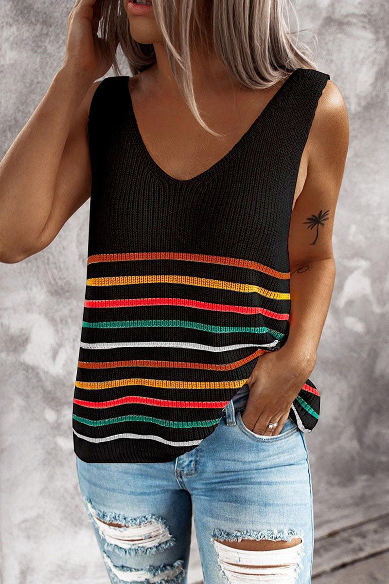 Heidi-Mode | Fashion Casual Gestreifte Patchwork V-Ausschnitt Tops- 4 Farben