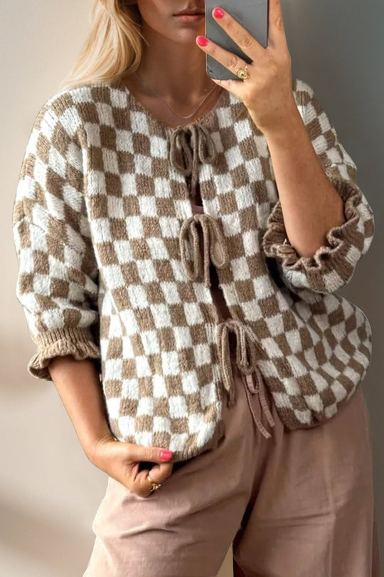 Heidi-Mode | Double Take Gebunden Karierter Fall Schulter Volant Ärmel Strickjacke