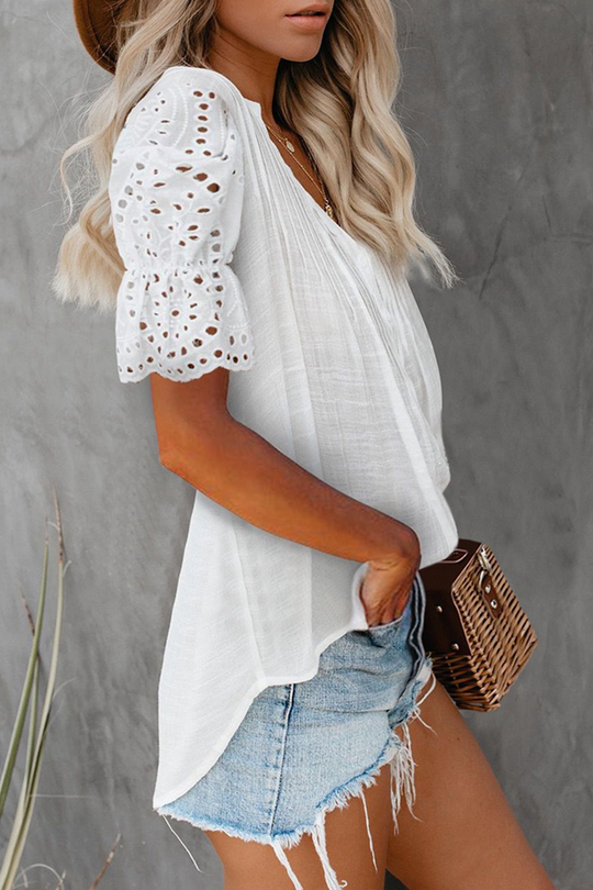Heidi-Mode | Elegante Solide Ausgeschnittene Patchwork V-Ausschnitt Tops- 6 Farben