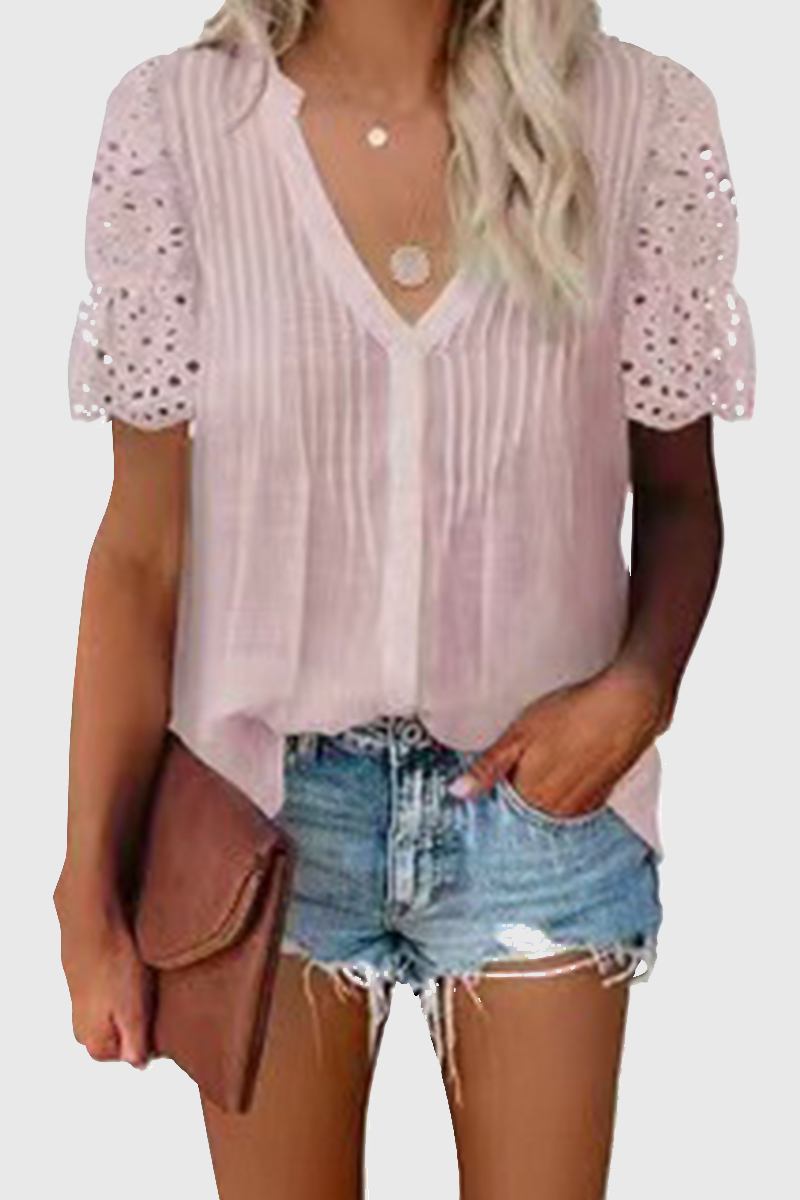 Heidi-Mode | Elegante Solide Ausgeschnittene Patchwork V-Ausschnitt Tops- 6 Farben