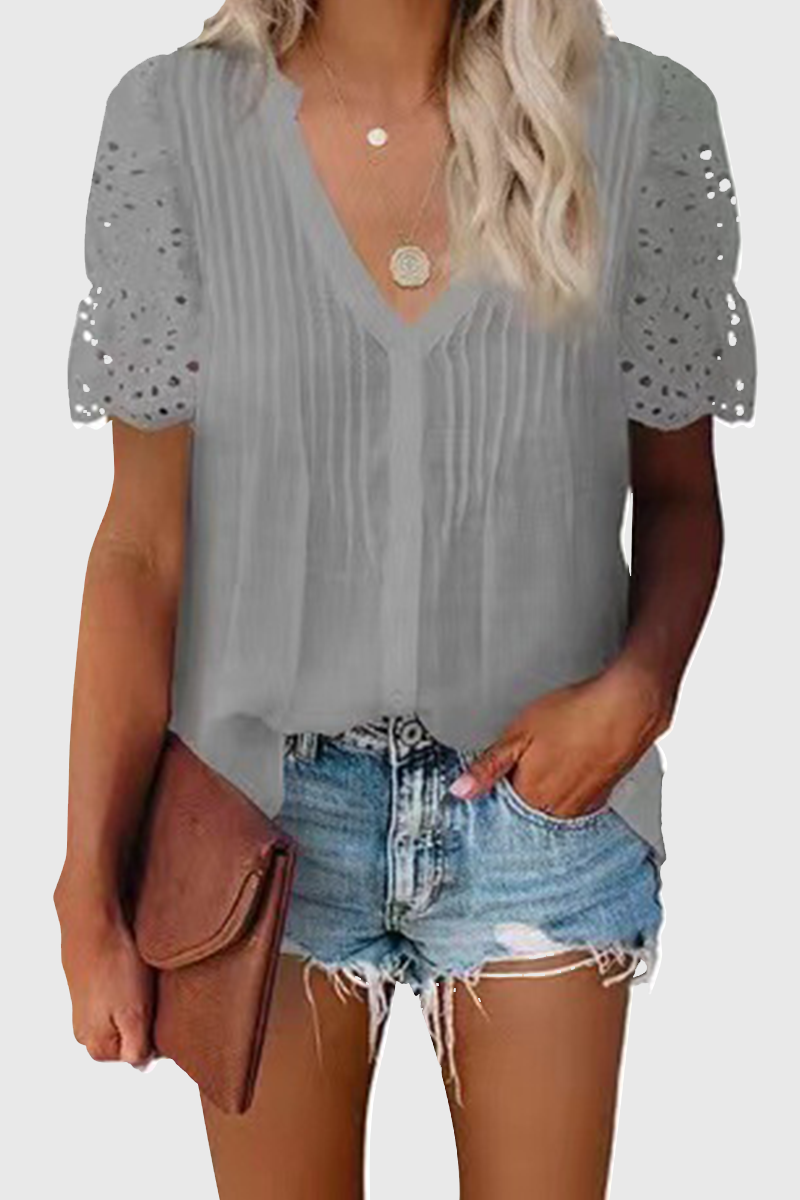Heidi-Mode | Elegante Solide Ausgeschnittene Patchwork V-Ausschnitt Tops- 6 Farben