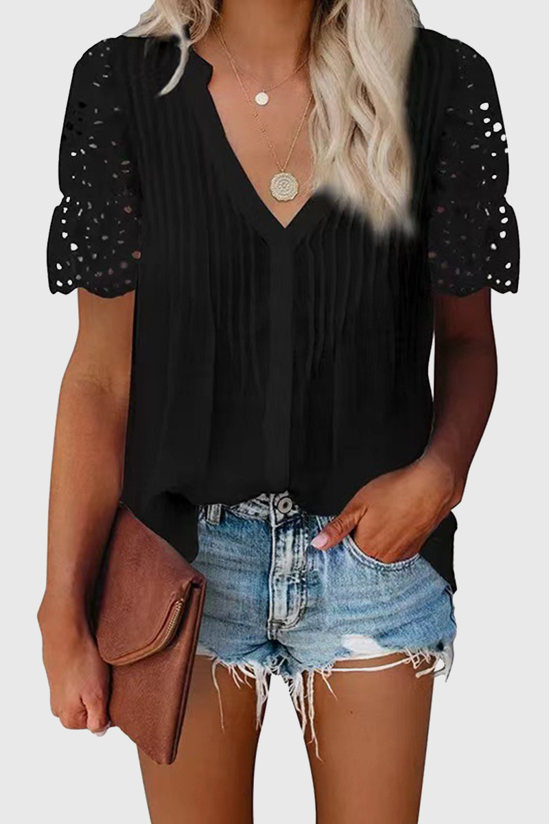 Heidi-Mode | Elegante Solide Ausgeschnittene Patchwork V-Ausschnitt Tops- 6 Farben