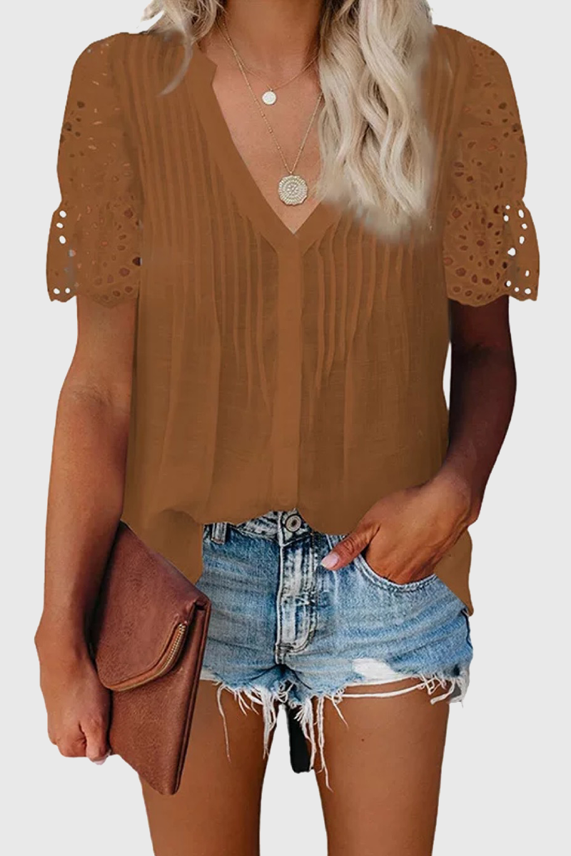 Heidi-Mode | Elegante Solide Ausgeschnittene Patchwork V-Ausschnitt Tops- 6 Farben