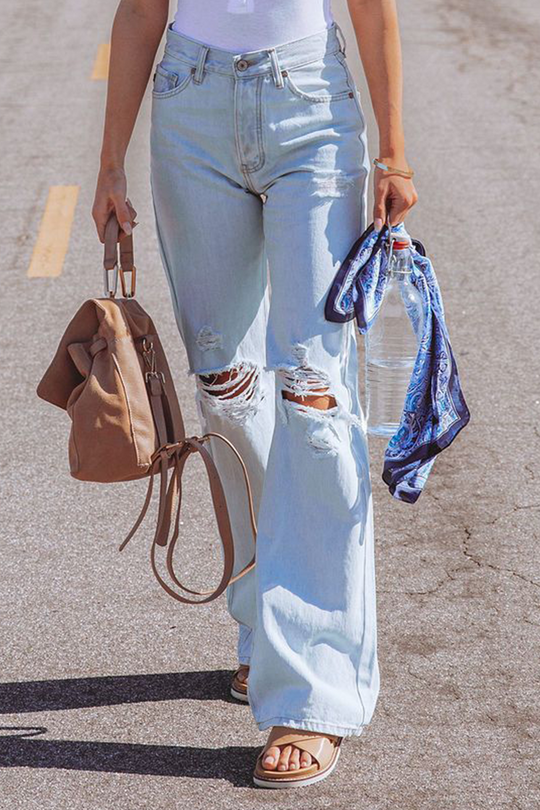 Heidi-Mode | Street Solid Ripped Make Old Straight Mid Taille Weit Bein Einfarbige Hosen - 3 Farben