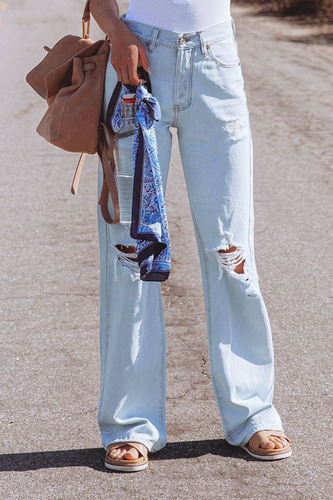 Heidi-Mode | Street Solid Ripped Make Old Straight Mid Taille Weit Bein Einfarbige Hosen - 3 Farben