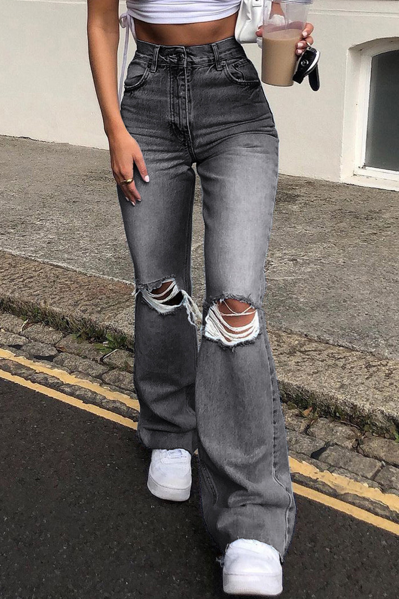 Heidi-Mode | Street Solid Ripped Make Old Boot Cut Bottoms- 3 Farben
