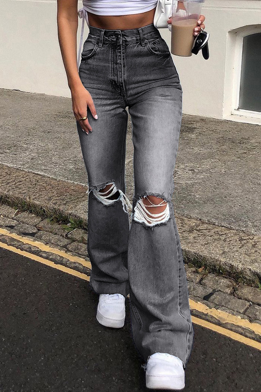 Heidi-Mode | Street Solid Ripped Make Old Boot Cut Bottoms- 3 Farben