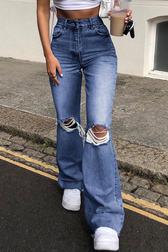 Heidi-Mode | Street Solid Ripped Make Old Boot Cut Bottoms- 3 Farben