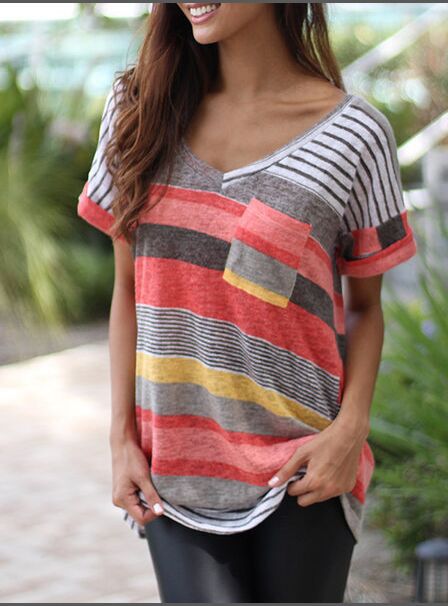 Damen Freizeit T-Shirt mit V-Ausschnitt und Tasche Heidi-Mode