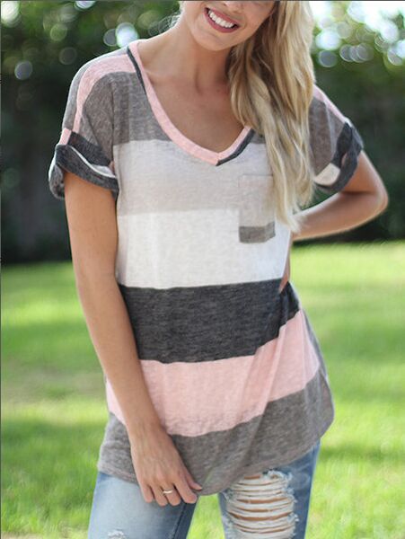 Damen Freizeit T-Shirt mit V-Ausschnitt und Tasche Heidi-Mode