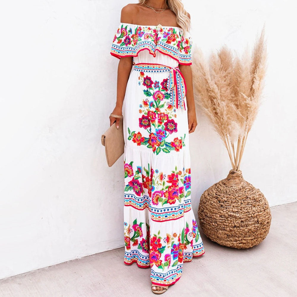 Einseitig schulterfreies langes Blumenkleid