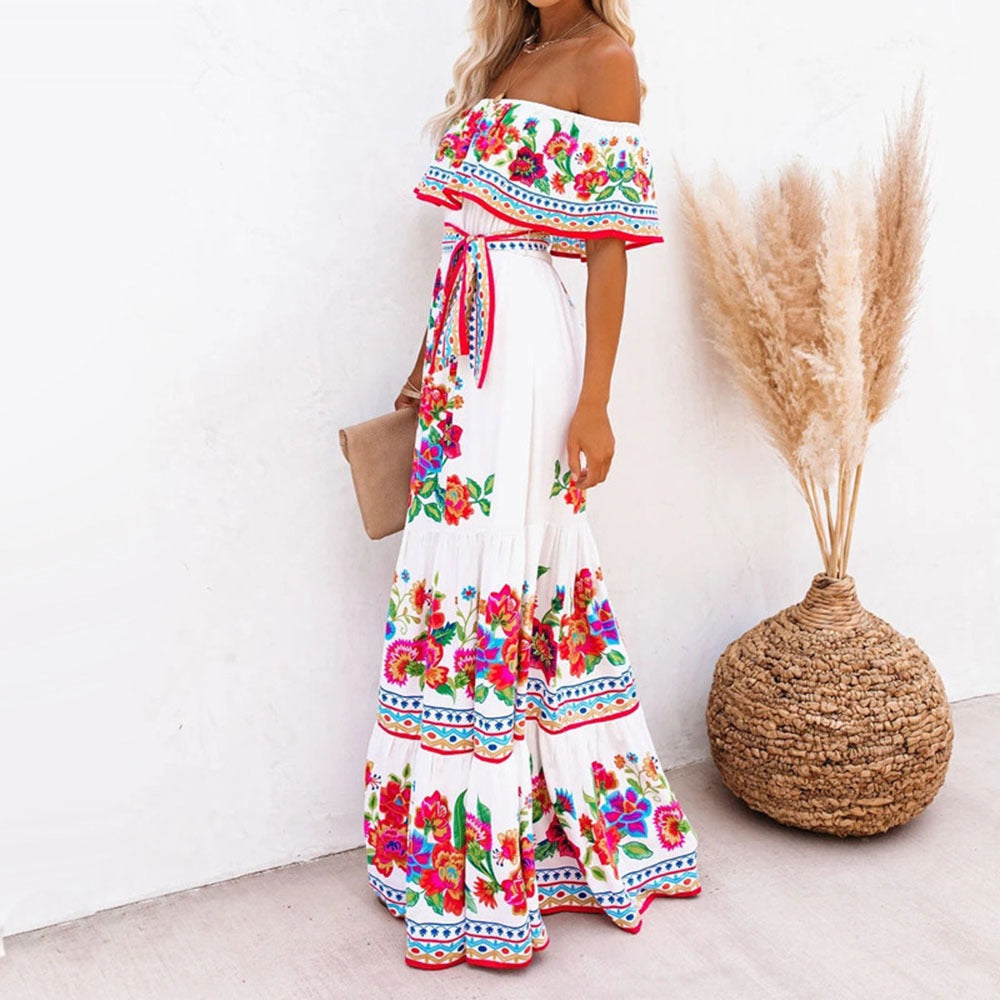 Einseitig schulterfreies langes Blumenkleid