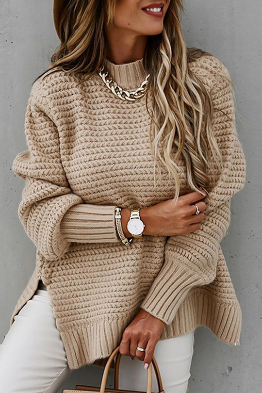 Heidi-Mode | Fashion Street Solide Schlitz O-Hals Pullover - 4 Farben