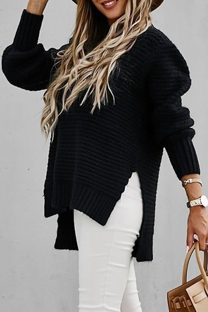 Heidi-Mode | Fashion Street Solide Schlitz O-Hals Pullover - 4 Farben