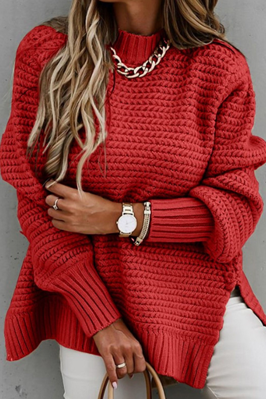 Heidi-Mode | Fashion Street Solide Schlitz O-Hals Pullover - 4 Farben