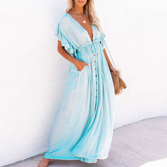 Heidi-Mode | V-Ausschnitt mit Schnur Sonnenschutz Hemd Strand Bluse Kleid Lange Rock