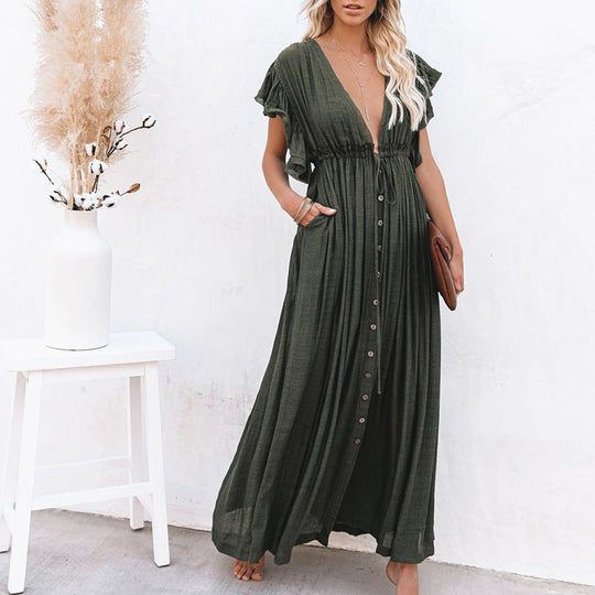 Heidi-Mode | V-Ausschnitt mit Schnur Sonnenschutz Hemd Strand Bluse Kleid Lange Rock