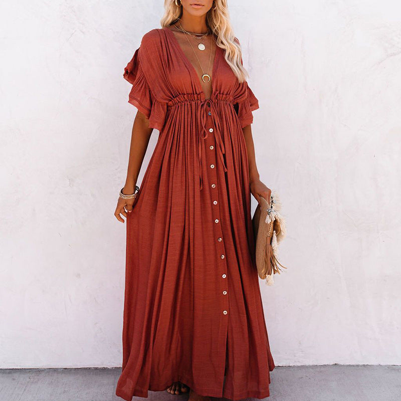 Heidi-Mode | V-Ausschnitt mit Schnur Sonnenschutz Hemd Strand Bluse Kleid Lange Rock
