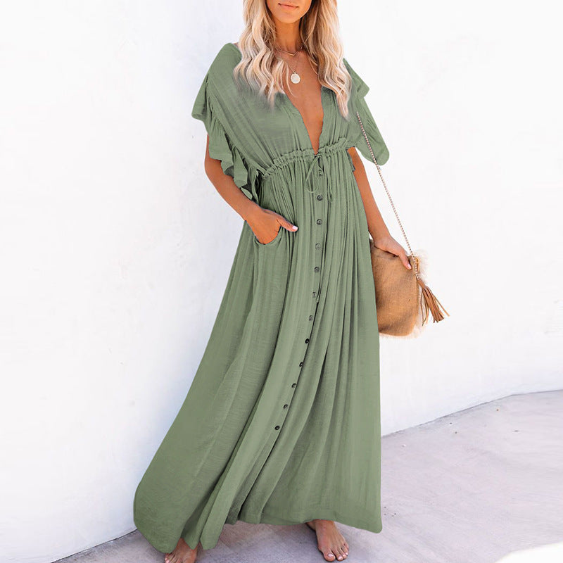 Heidi-Mode | V-Ausschnitt mit Schnur Sonnenschutz Hemd Strand Bluse Kleid Lange Rock