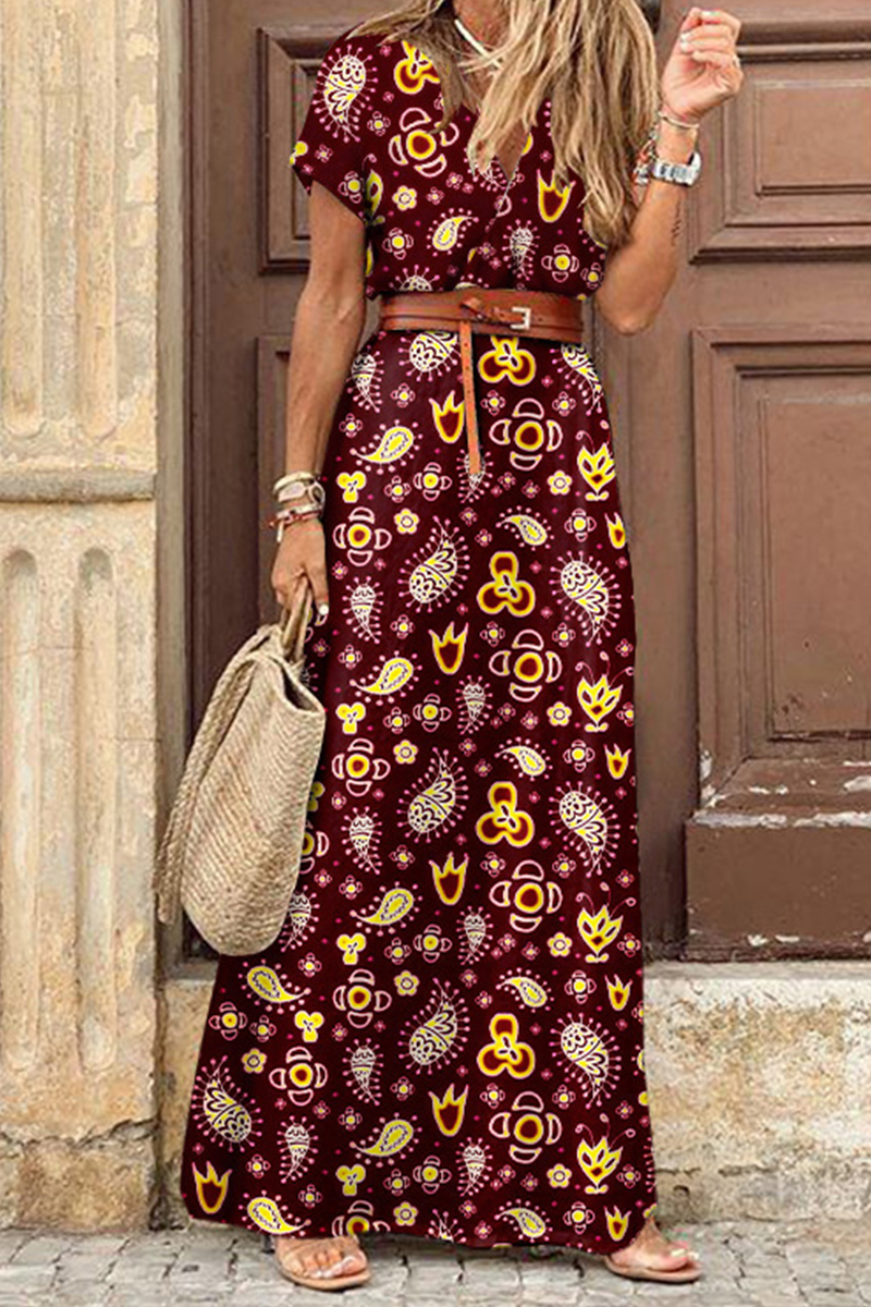 Heidi-Mode | Mode Elegante Print Schlitz Ohne Gürtel V-Ausschnitt A-Linien Kleider - 7 Farben