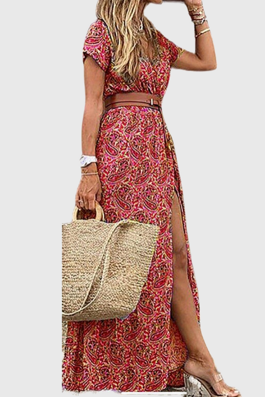 Heidi-Mode | Mode Elegante Print Schlitz Ohne Gürtel V-Ausschnitt A-Linien Kleider - 7 Farben
