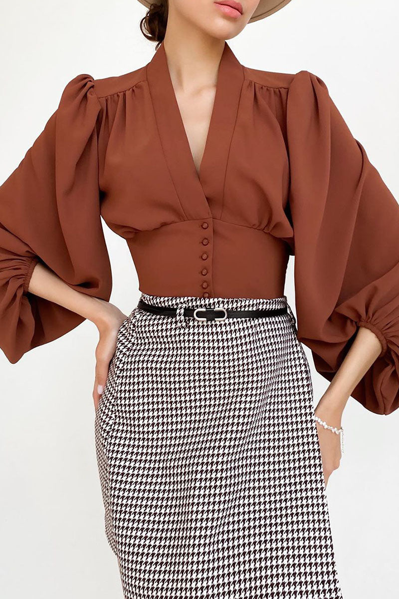 Heidi-Mode | Fashion Street Unifarben Patchwork V-Ausschnitt Blusen