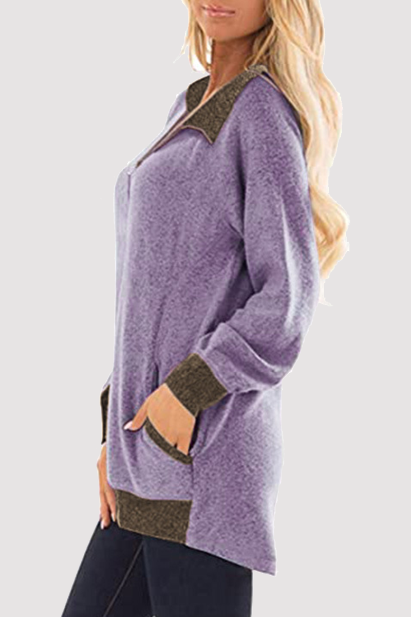Heidi-Mode | Lässige Patchwork Pocket Reißverschluss Umklappkragen Tops - 4 Farben