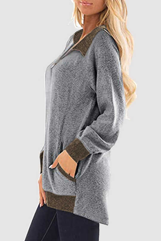Heidi-Mode | Lässige Patchwork Pocket Reißverschluss Umklappkragen Tops - 4 Farben
