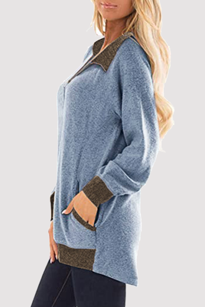 Heidi-Mode | Lässige Patchwork Pocket Reißverschluss Umklappkragen Tops - 4 Farben