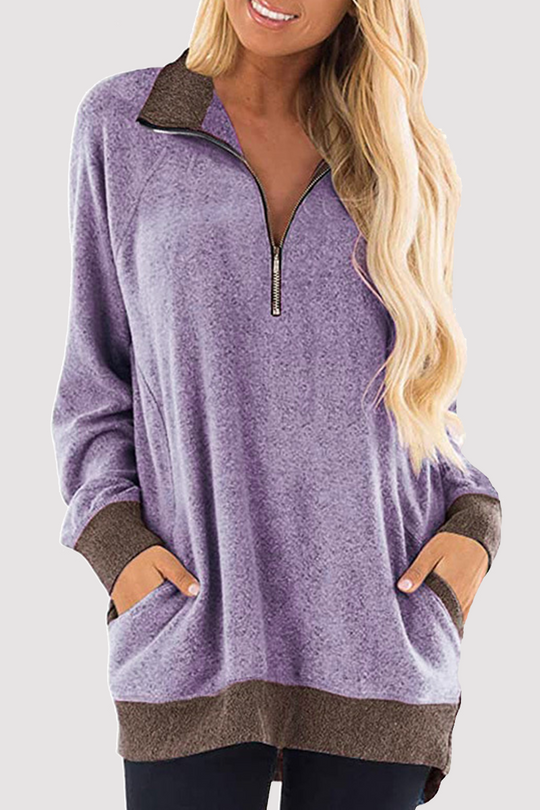 Heidi-Mode | Lässige Patchwork Pocket Reißverschluss Umklappkragen Tops - 4 Farben