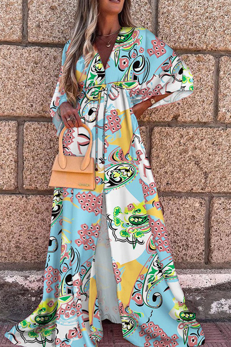 Heidi-Mode | Elegant Print Split Joint V-Ausschnitt A-Linie Kleider
