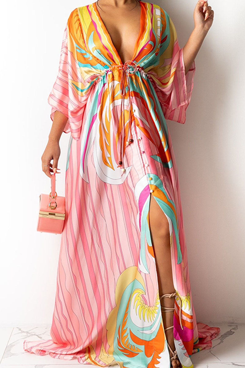 Heidi-Mode | Elegant Print Split Joint V-Ausschnitt A-Linie Kleider