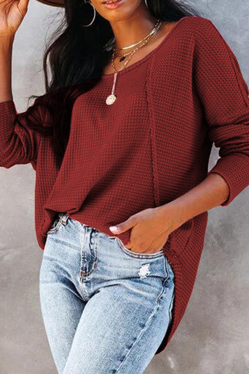 Heidi-Mode | Lässig Einfarbig Spaltet Gelenk Schnalle O-Neck Tops